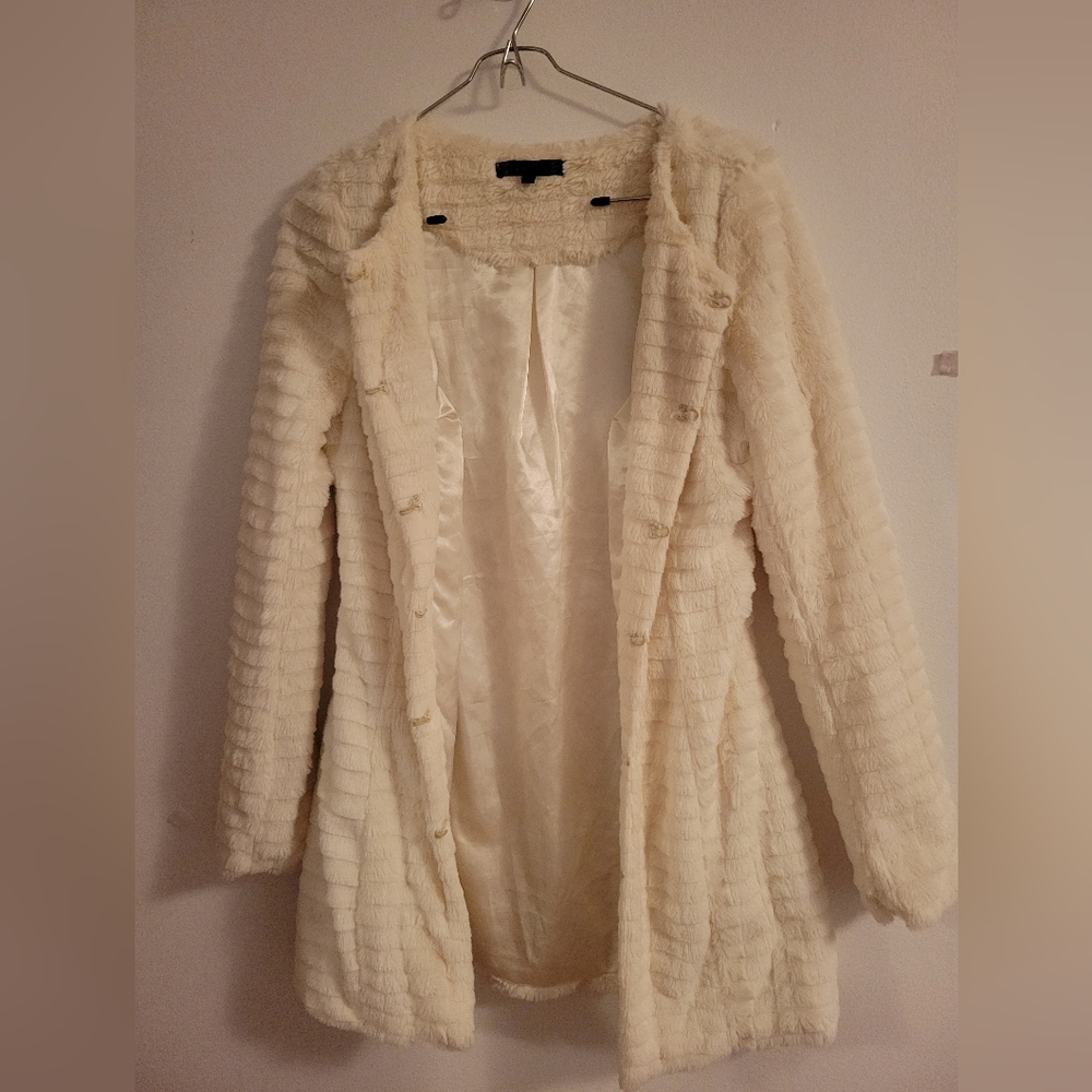 Cache Cache Cream Faux Fur Long Coat - Size M (approx.)